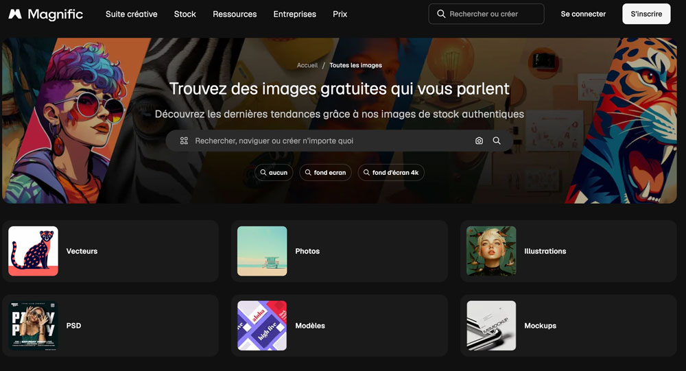 Hero banner for Magnific stock site showing a dark header, a central search bar, and six category tiles: Vecteurs, Photos, Illustrations, PSD, Modèles, Mockups, all over a colorful collage background.