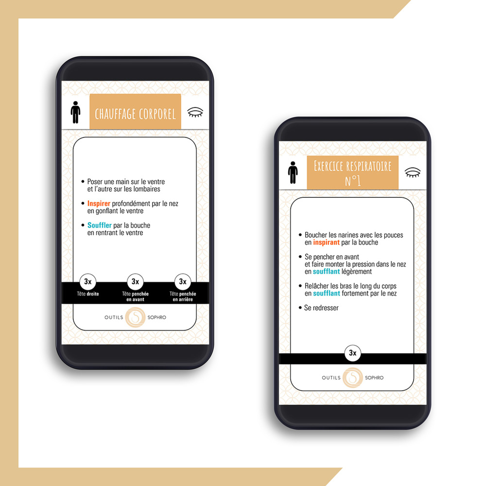 Two smartphones show a French wellness infographic: 'Chauffage corporel' and 'Exercice respiratoire N°1' with bullet steps and a decorative frame.