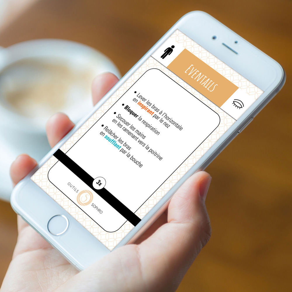 Mobile app screen showing a French exercise guide with bullet-point steps on a patterned background.