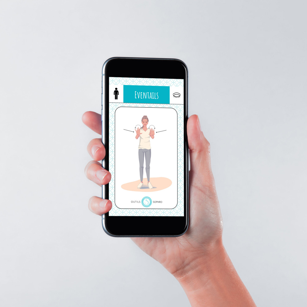 Hand holding a smartphone showing a health app screen with a cartoon person raising hands in a stretch, teal header reading 'VENTAILS' and a small logo at the bottom.