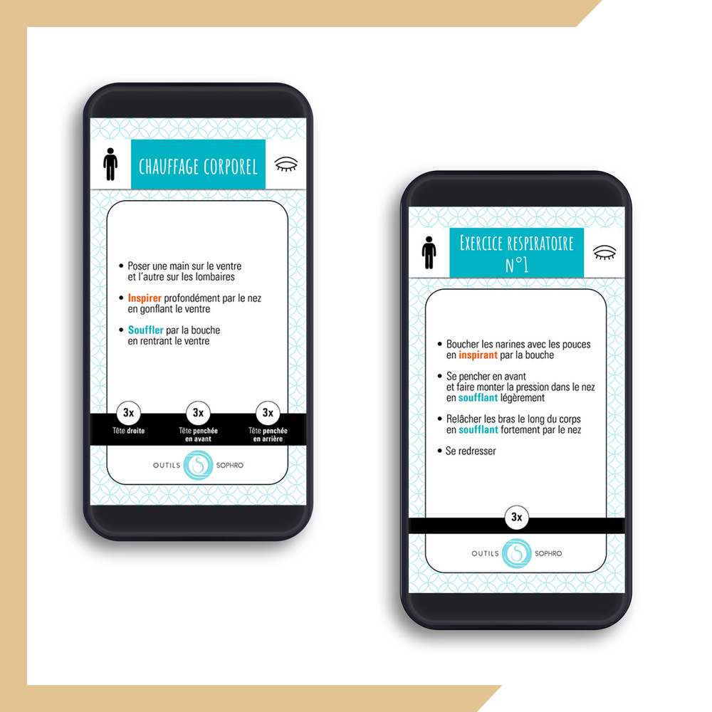 Two smartphones display a French wellness guide: 'Chauffage Corporel' and 'Exercice Respiratoire N°1' with bullet step instructions and a progress bar/indicator at the bottom of each screen.
