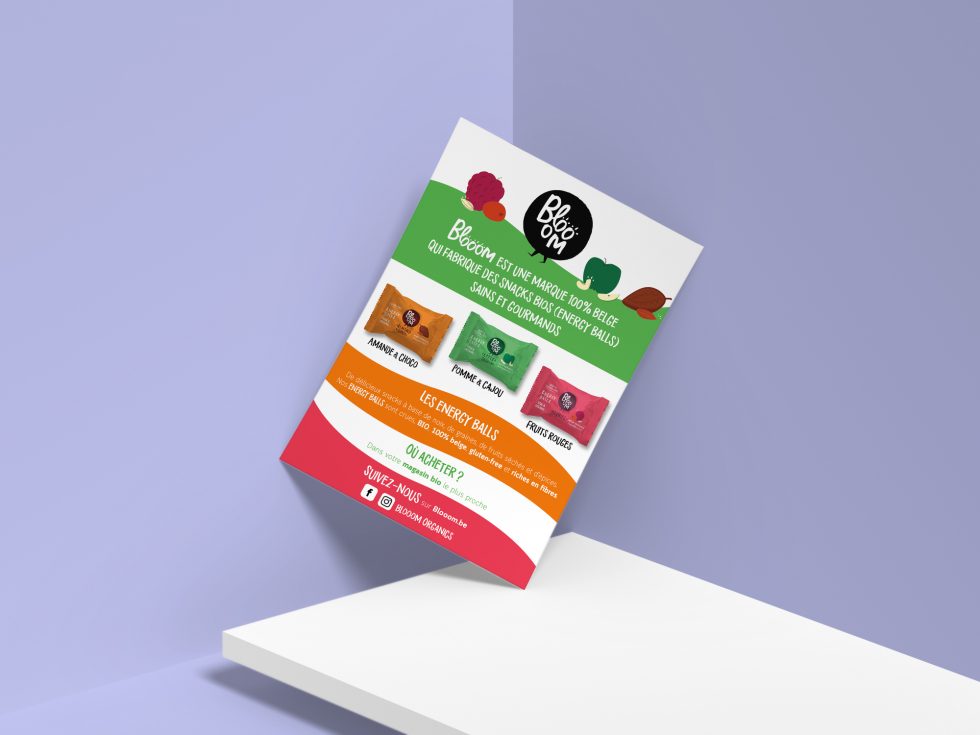 Création flyer BLOOOM snacks bios par MITAKI DESIGN graphiste Toulouse
