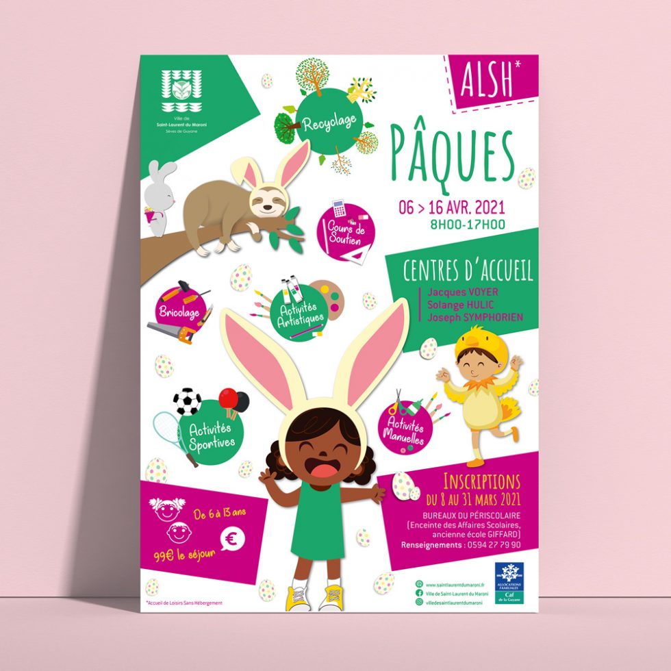 Flyer ALSH Pâques, Ville de Saint-Laurent du Maroni par MITAKI DESIGN graphiste Toulouse