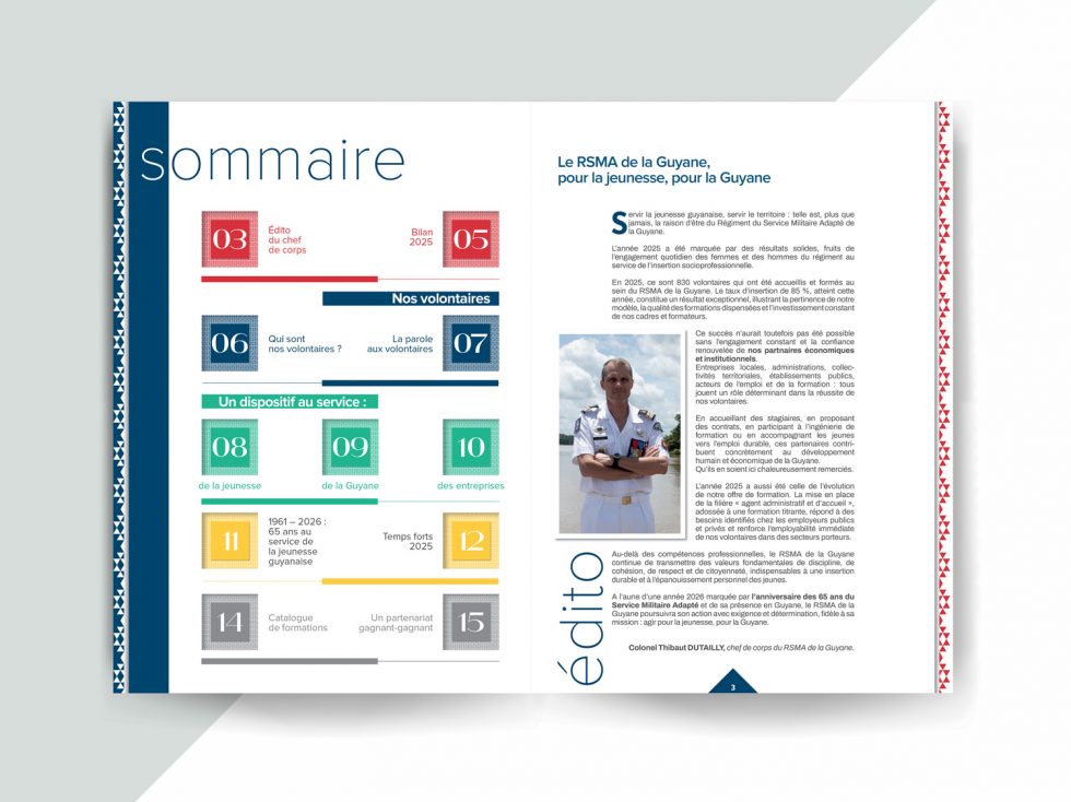 Communication institutionnelle : Sommaire du Rapport annuel RSMA Guyane 2025 par Mitaki Design graphiste spécialisée en communication publique