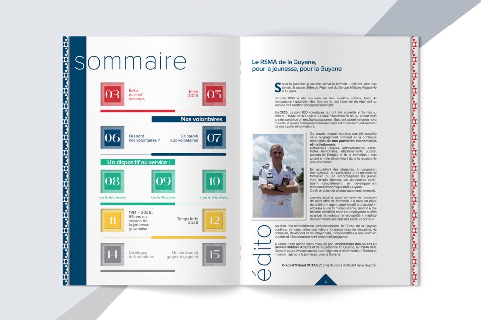 Communication institutionnelle : Sommaire du Rapport annuel RSMA Guyane 2025 par Mitaki Design graphiste spécialisée en communication publique