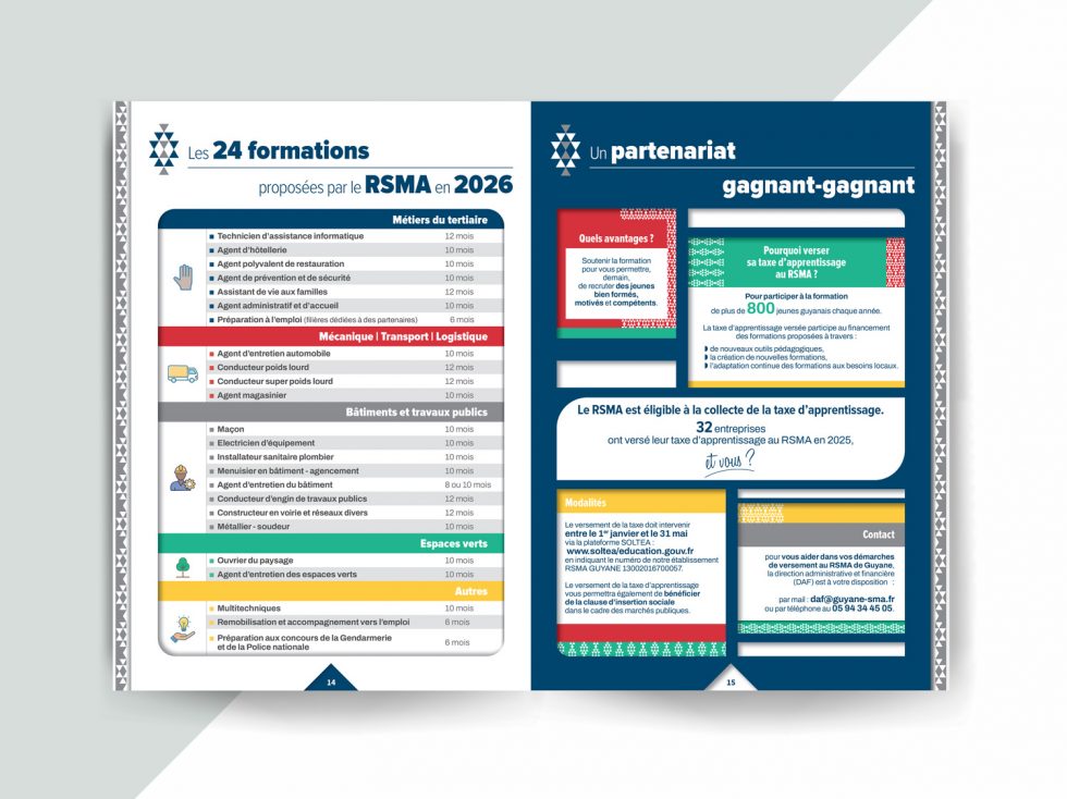 Rapport annuel RSMA Guyane 2025, design éditorial par Mitaki Design graphiste communication institutionnelle : Formations RSMA