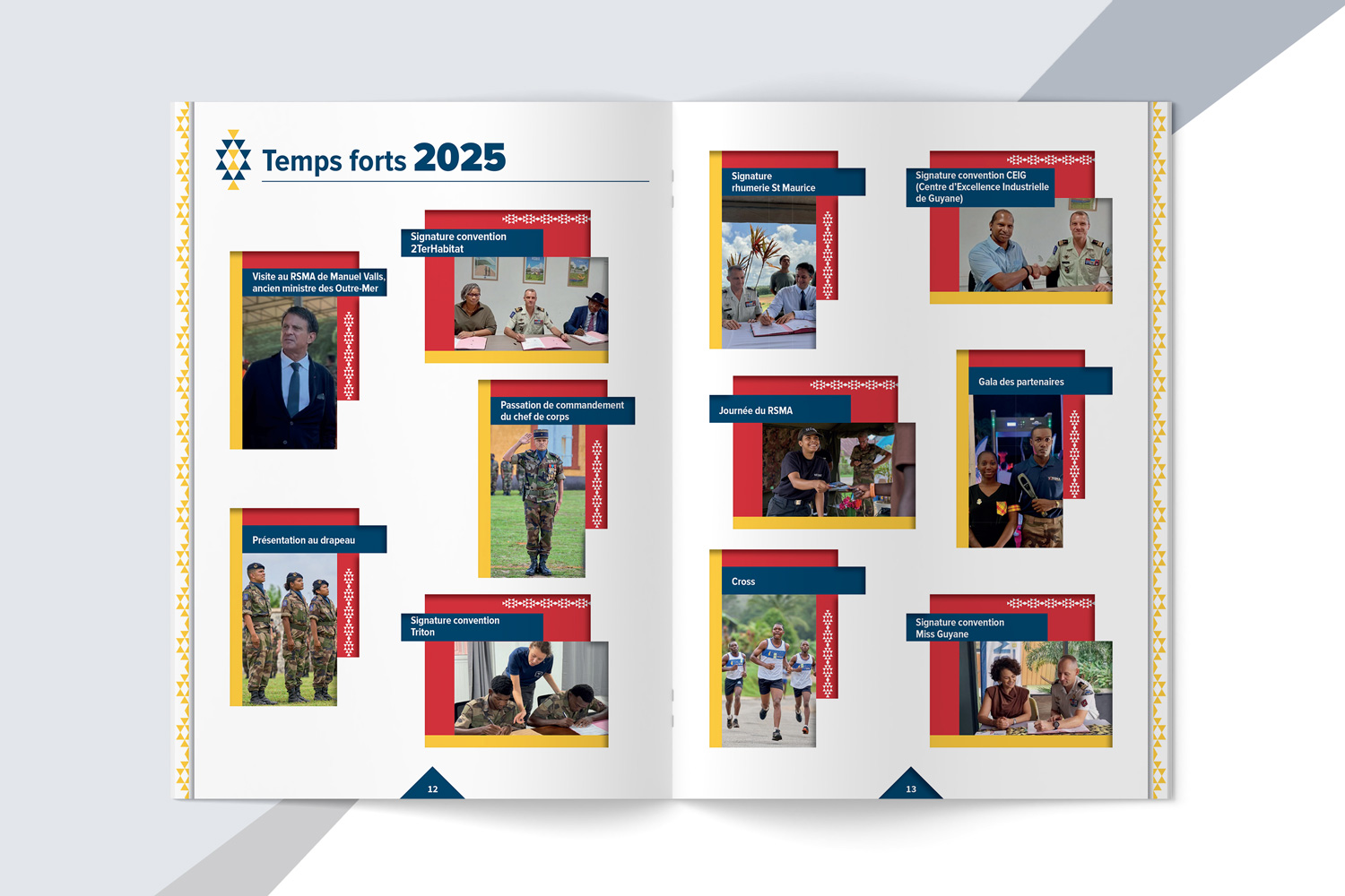 Two-page spread titled 'Temps forts 2025' featuring collage-style event photos with blue, red, and yellow accents on a light gray background.