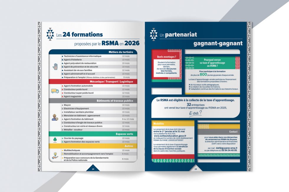 Rapport annuel RSMA Guyane 2025, design éditorial par Mitaki Design graphiste communication institutionnelle : Formations RSMA