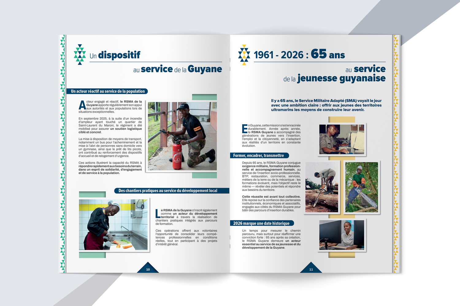 Two-page spread of a publication celebrating 65 years; left page features a blue headline about a system serving Guyana with photos and text blocks, right page highlights '1961-2026: 65 ans au service de la jeunesse guyanaise' with photos and a timeline layout.