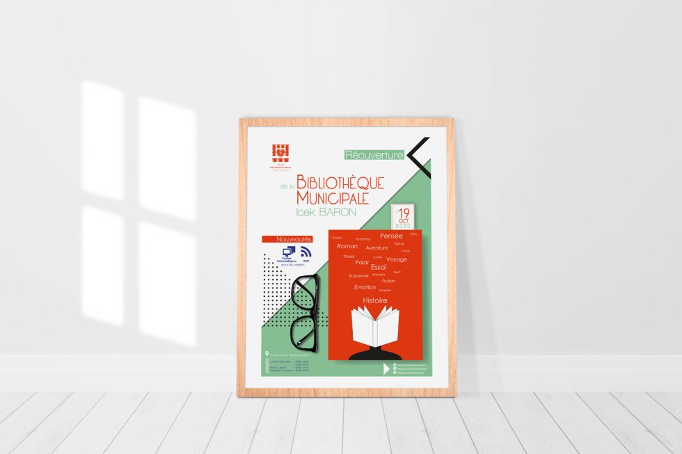 Affiche bibliothèque municipale Ville de Saint-Laurent du Maroni, lunettes et livre, couverture de livre