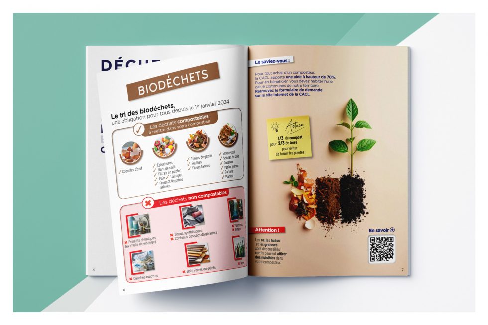 Double page du guide du tri de la CACL en Guyane consacrée aux biodéchets, au compostage et aux déchets compostables.