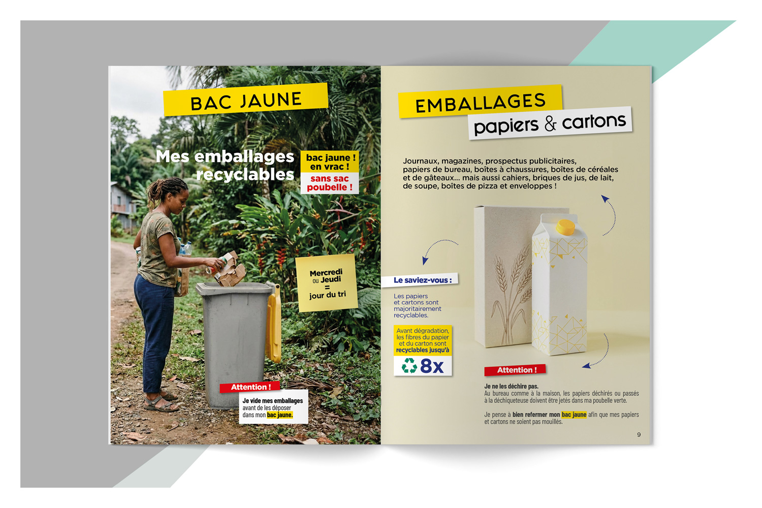 Double page du guide du tri de la CACL en Guyane présentant les consignes de tri du bac jaune pour les emballages et papiers recyclables.