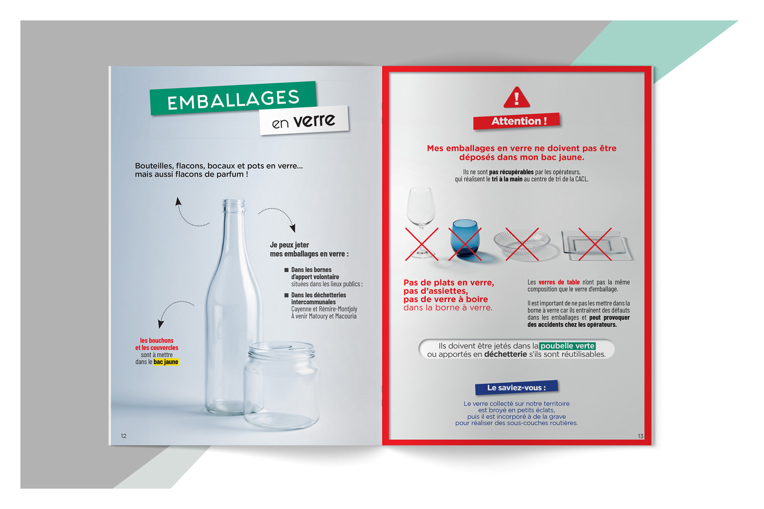 Double page du guide du tri de la CACL en Guyane présentant les consignes de tri des emballages en verre.