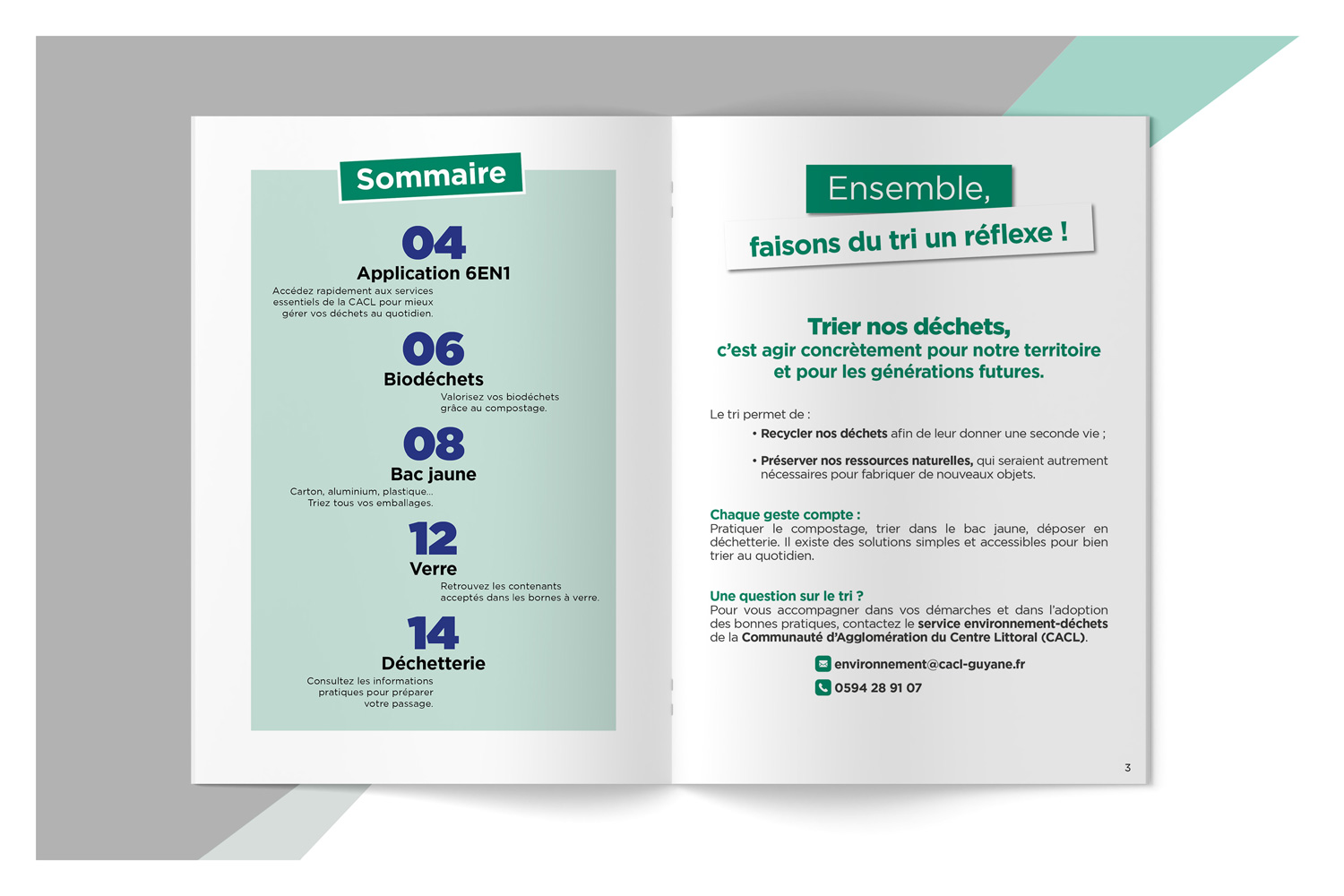 Sommaire du guide du tri réalisé pour la CACL en Guyane dans le cadre d'un projet de communication publique.