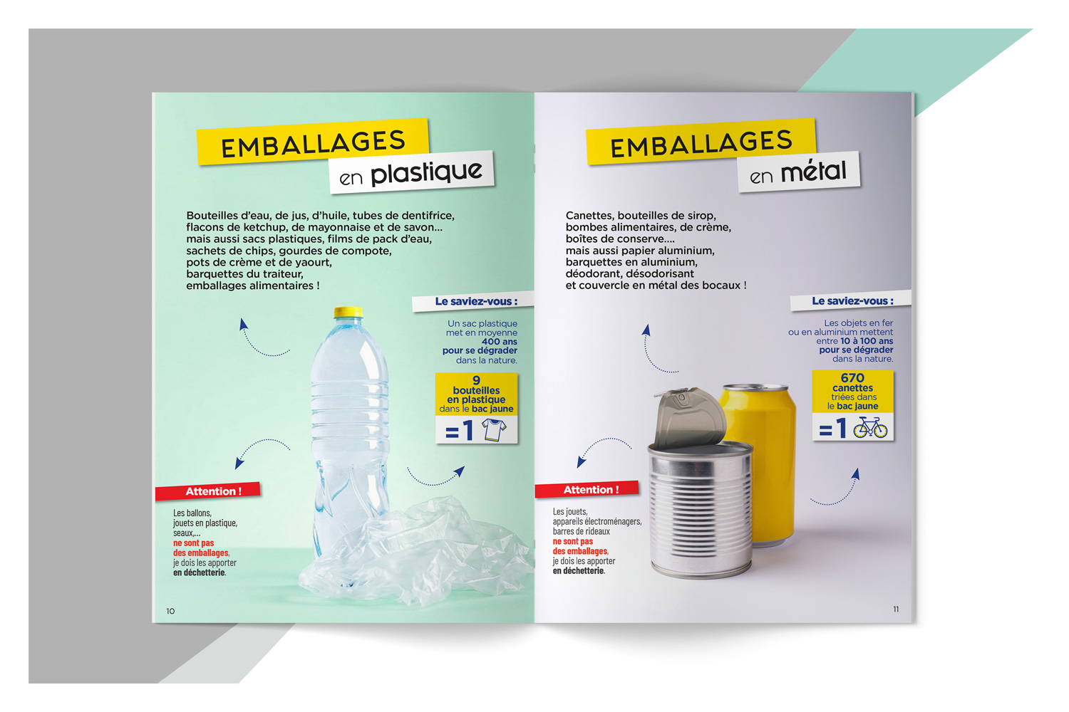 Double page du guide du tri de la CACL en Guyane présentant les consignes de tri des emballages plastiques et métalliques.
